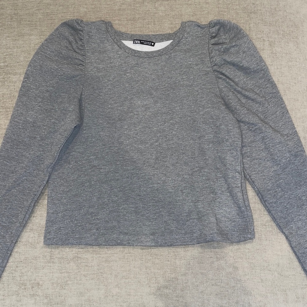 Zara Gray Puff-Sleeve Crew Neck Sweater